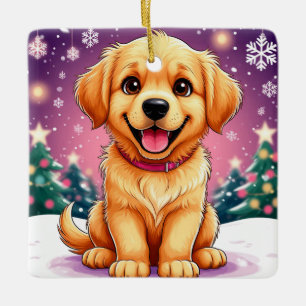 Golden Retriever Puppy Sitting In Christmas Snow Ceramic Ornament