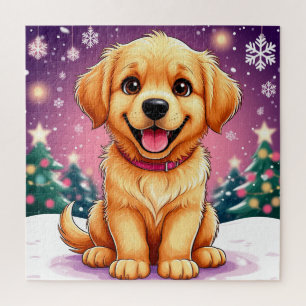 Golden Retriever Puppy Sitting In Christmas Snow Jigsaw Puzzle