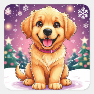 Golden Retriever Puppy Sitting In Christmas Snow Square Sticker