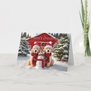 Golden Retriever Puppy Snowman Christmas Card