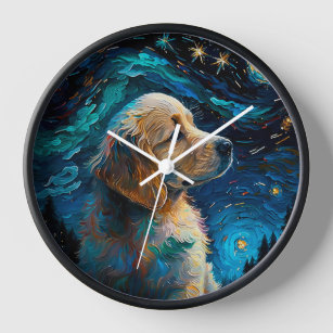 Golden Retriever Puppy Starry Night Van Gogh Style Clock
