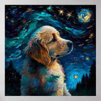 Golden Retriever Puppy Starry Night Van Gogh Style