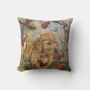 Golden Retriever Puppy Whimsical Dogs Raspberry Cushion