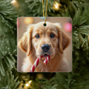 Golden Retriever Puppy With a Candy Cane Ceramic Ornament