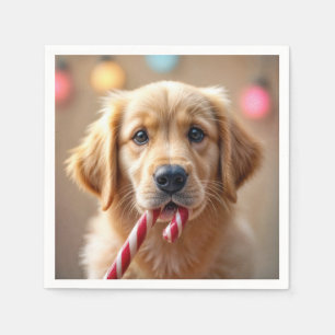 Golden Retriever Puppy With a Candy Cane Napkin