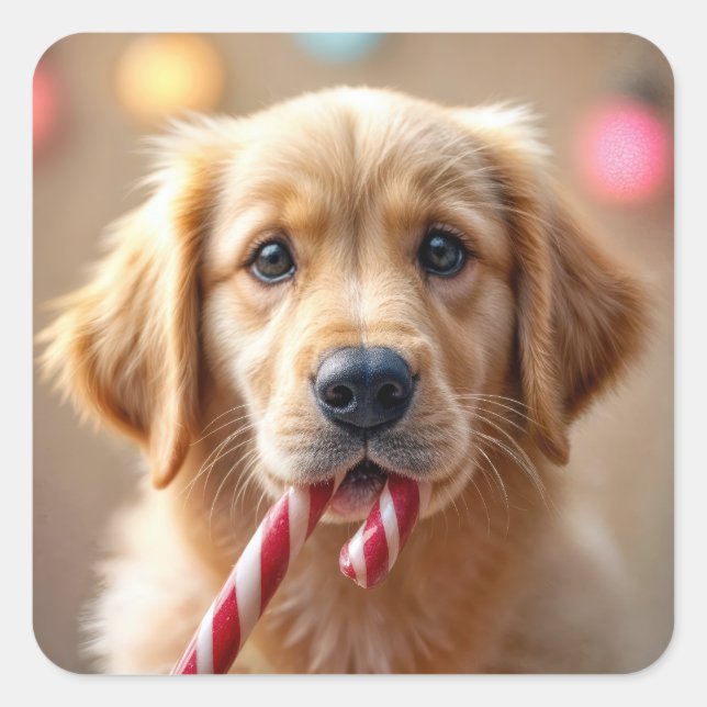 Golden Retriever Puppy With a Candy Cane Square Sticker (Front)
