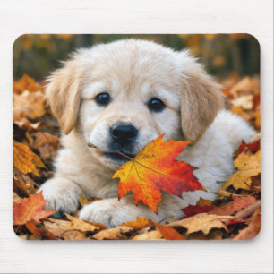 Golden Retriever Puppy with Autumn Leaf Mouse Mat