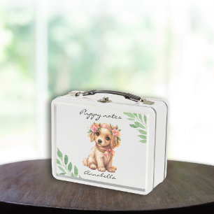  Golden Retriever Puppy With Flowers Custom Name Metal Lunch Box