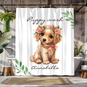 Golden Retriever Puppy With Flowers Custom Name Shower Curtain