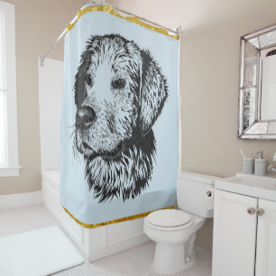 Golden retriever puppy with gold foil and blue shower curtain