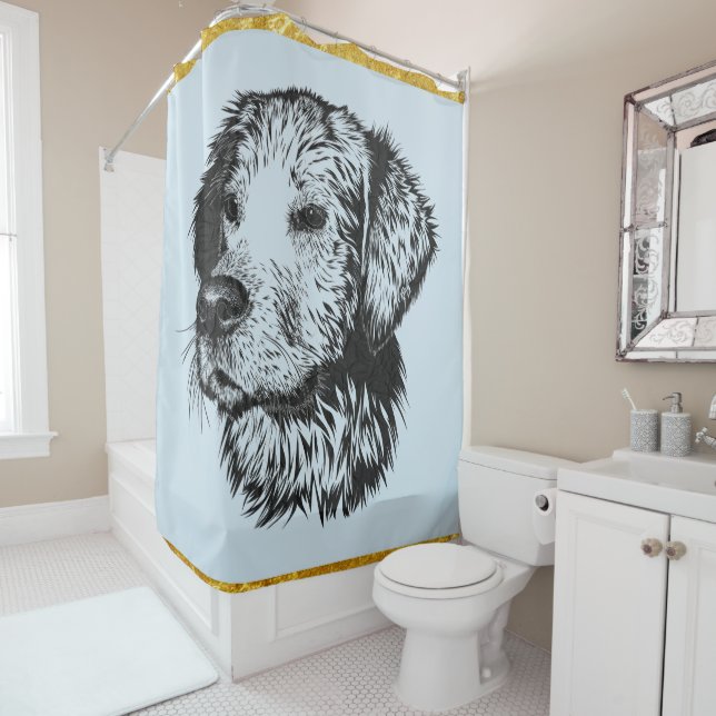 Golden retriever puppy with gold foil and blue shower curtain (In Situ)