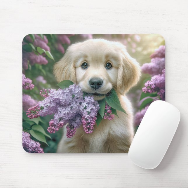 Golden Retriever Puppy With Lilac Bunch Mouse Mat (With Mouse)