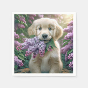 Golden Retriever Puppy With Lilacs Napkin