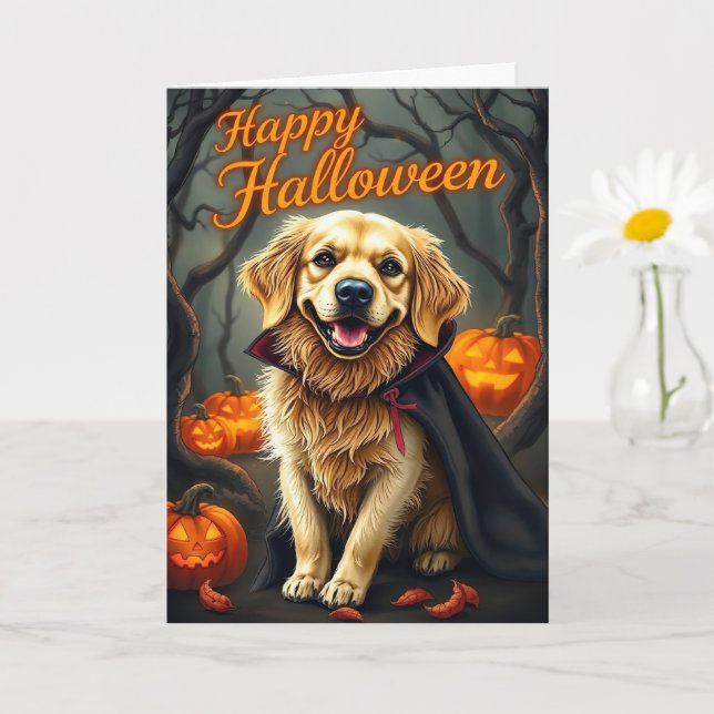 Golden Retriever Puppy with Pumpkins Halloween  Card (Small Plant)