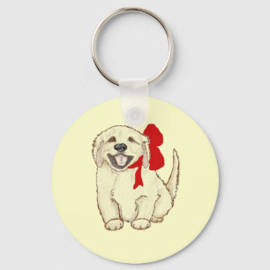 Golden Retriever Puppy with Red Ribbon Key Ring