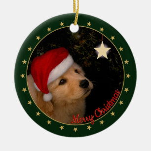 Golden Retriever Puppy with Santa Hat Ceramic Tree Decoration