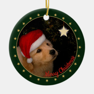 Golden Retriever Puppy with Santa Hat Ceramic Tree Decoration