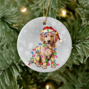 Golden Retriever Puppy Wrapped in Christmas Lights Ceramic Tree Decoration