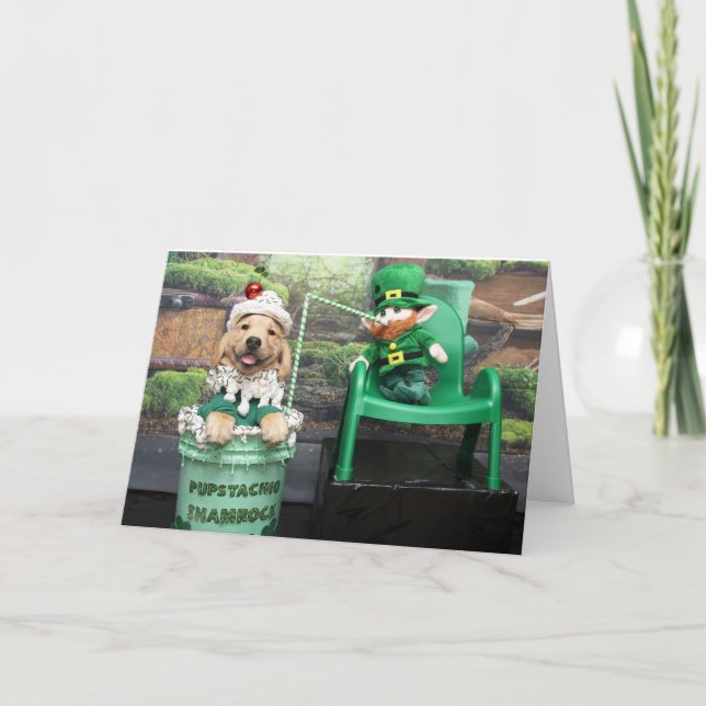 Golden Retriever Pupstachio Shake St. Patty’s Day Holiday Card (Front)
