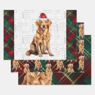 Golden Retriever Red Green Holiday Plaid Christmas Wrapping Paper Sheet
