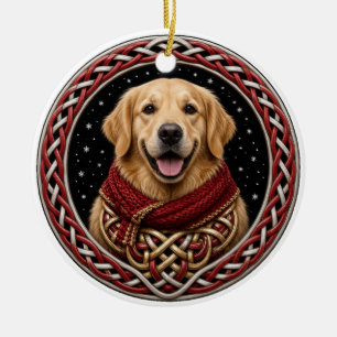 Golden Retriever Red Scarf Celtic Christmas Ceramic Tree Decoration