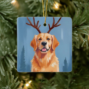 Golden Retriever Reindeer Antlers Christmas Ceramic Ornament