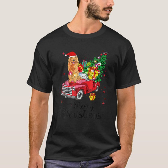Golden Retriever Ride Red Truck Christmas Pajama T-Shirt (Front)