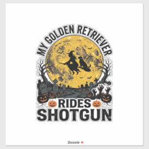 Golden Retriever Rides Shotgun Halloween Witch Art