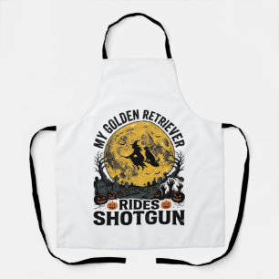 Golden Retriever Rides Shotgun Halloween Witch Art Apron