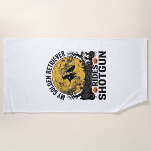 Golden Retriever Rides Shotgun Halloween Witch Art Beach Towel