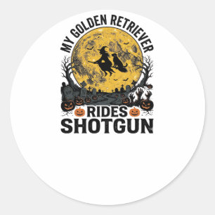 Golden Retriever Rides Shotgun Halloween Witch Art Classic Round Sticker