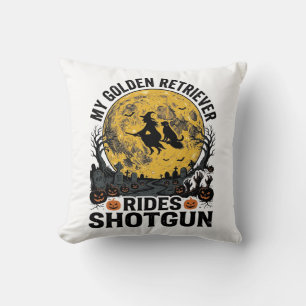 Golden Retriever Rides Shotgun Halloween Witch Art Cushion