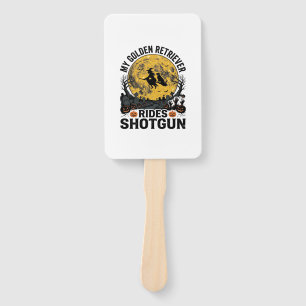 Golden Retriever Rides Shotgun Halloween Witch Art Hand Fan