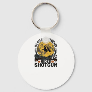 Golden Retriever Rides Shotgun Halloween Witch Art Key Ring