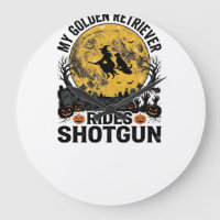 Golden Retriever Rides Shotgun Halloween Witch Art