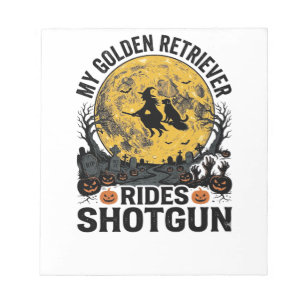 Golden Retriever Rides Shotgun Halloween Witch Art Notepad
