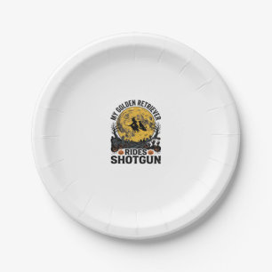 Golden Retriever Rides Shotgun Halloween Witch Art Paper Plate