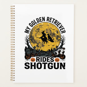 Golden Retriever Rides Shotgun Halloween Witch Art Planner