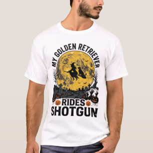 Golden Retriever Rides Shotgun Halloween Witch Art T-Shirt