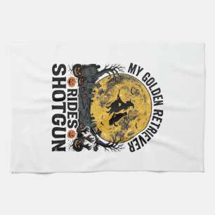 Golden Retriever Rides Shotgun Halloween Witch Art Tea Towel