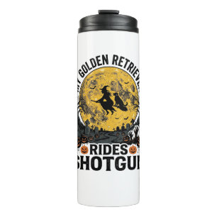 Golden Retriever Rides Shotgun Halloween Witch Art Thermal Tumbler