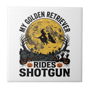Golden Retriever Rides Shotgun Halloween Witch Art Tile