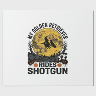 Golden Retriever Rides Shotgun Halloween Witch Art Wrapping Paper