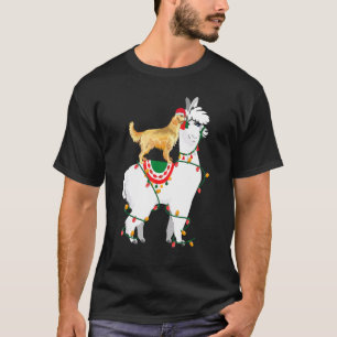 Golden Retriever Riding Llama Lights Santa  Christ T-Shirt