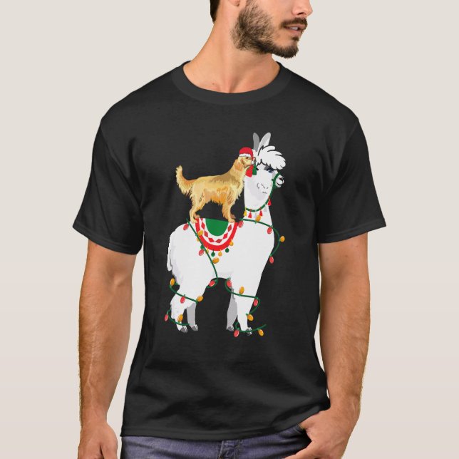 Golden Retriever Riding Llama Lights Santa  Christ T-Shirt (Front)