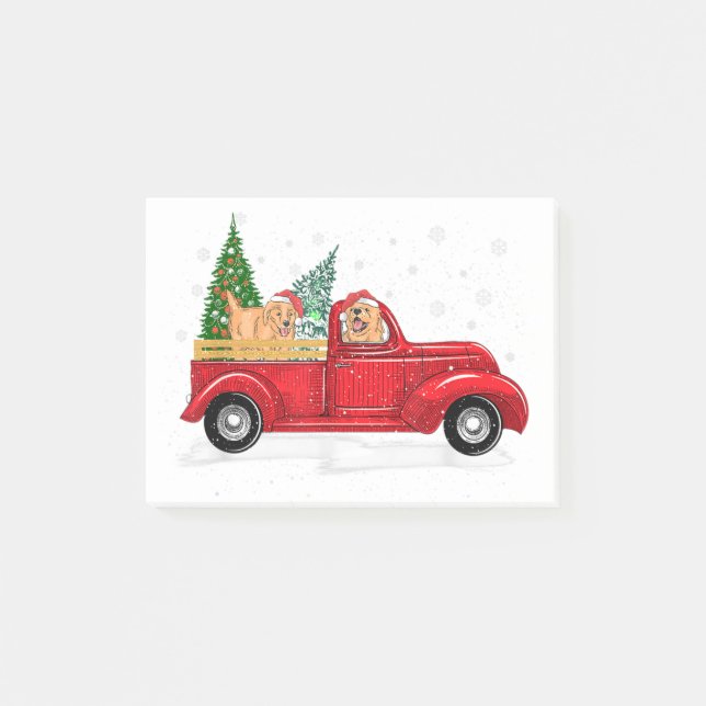 Golden retriever riding red truck xmas merry chris post-it notes (Front)