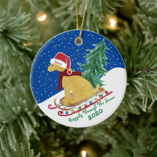 Golden Retriever Riding Xmas Tree Sled Ceramic Tree Decoration
