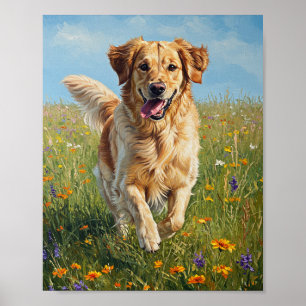 Golden Retriever Run Impressionist Art Poster