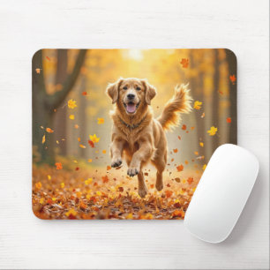 Golden Retriever Running In Autumn Woods Mouse Mat
