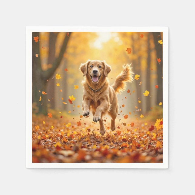 Golden Retriever Running In Autumn Woods Napkin (Front)